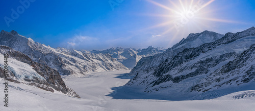 panoramic Aletsch Glacier  Fletsch Glacier. Panoramic view part of Swiss Alps alpine snow mountains landscape from Top of Europe at Jungfraujoch station  Switzerland