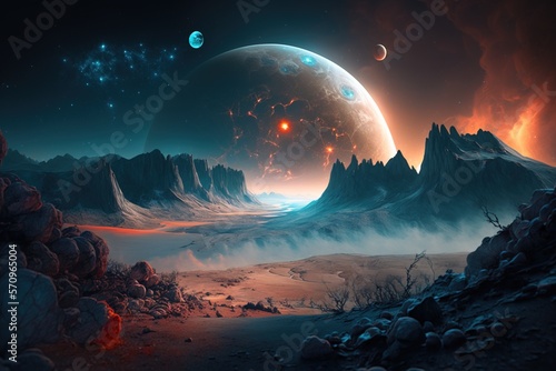 Stunning Night extraterrestrial scene. Huge mountains against Starry sky. Fantasy landscape. Alien planet. Generative AI illustration.