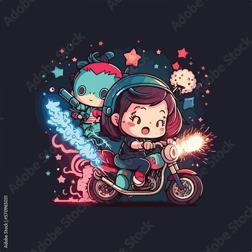 cute kawaii kids riding motocycle with firework