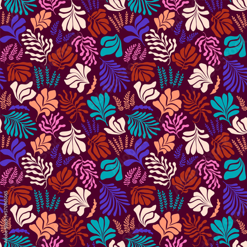 Abstract background with leaves and flowers, Matisse style. Vector seamless pattern with Scandinavian cut out elements.