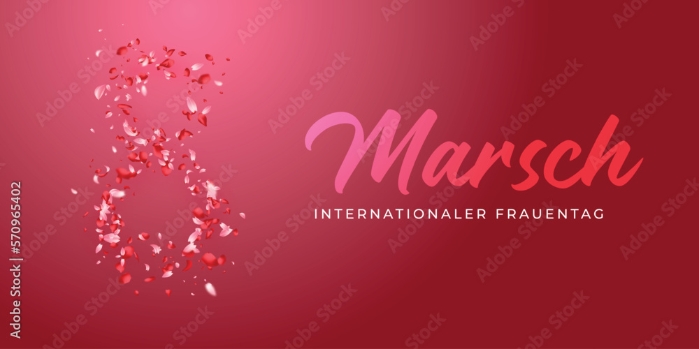 Karte oder Banner für den Internationalen Frauentag am 8. März in Rosa mit Farbverlauf auf einem rosa Hintergrund, ebenfalls mit Farbverlauf und der Zahl 8, die aus hell- und dunkelrosa Blütenblättern