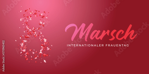 Karte oder Banner für den Internationalen Frauentag am 8. März in Rosa mit Farbverlauf auf einem rosa Hintergrund, ebenfalls mit Farbverlauf und der Zahl 8, die aus hell- und dunkelrosa Blütenblättern
