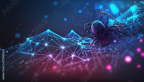 Cyber microchip spider networked on a digital data spider web mesh, artificial intelligence created with generative ai technology