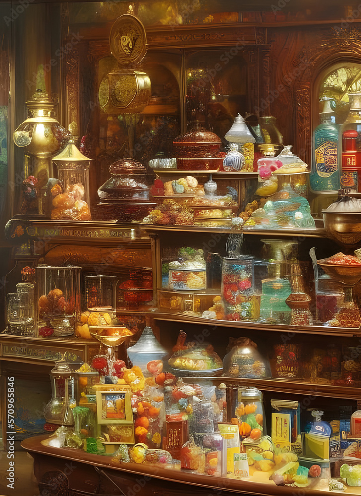 jars of sweets and confectioneries displayed on shelves in an old fashioned candy store. generative ai illustration.