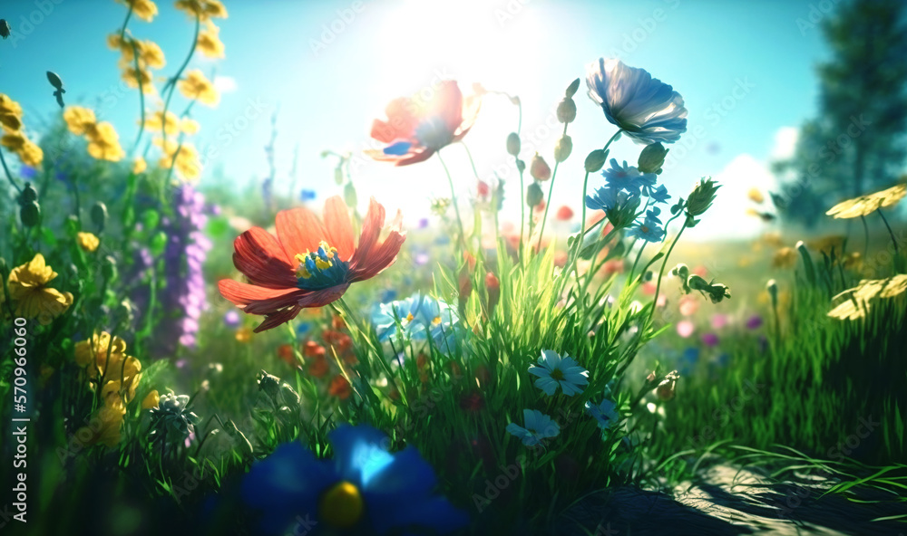 A picturesque meadow bursting with colorful spring flowers