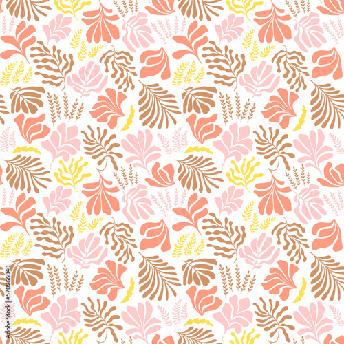 Abstract background with leaves and flowers  Matisse style. Vector seamless pattern with Scandinavian cut out elements.