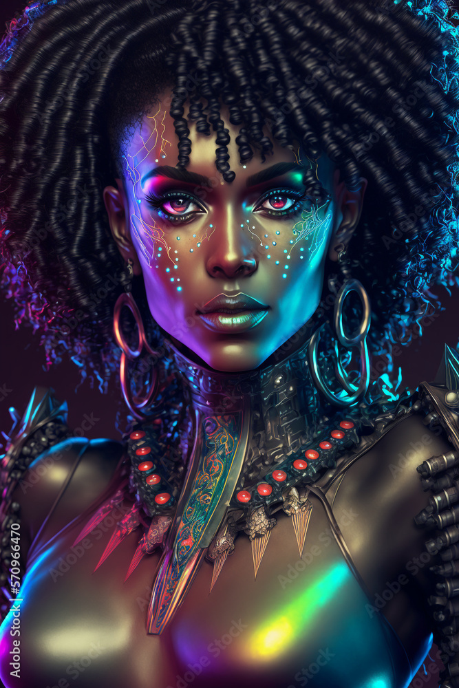 Afrofuturistic African American woman in neon colors, Cyborg Cyberpunk ...