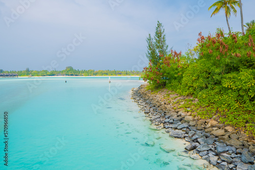 White sandy beached and green trees in the Maldives or tropical island with blue skies and blue ocean for travel and hospitality industry travel Asia travel Maldives travel the tropical islands © Coverage Studio