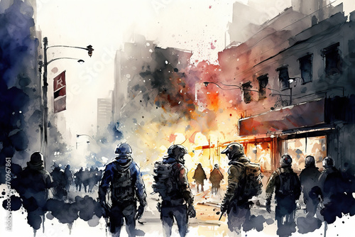 Watercolor riots on the street, uproar, city rampage, urban civil unrest disturbance concept illustration, genereative ai