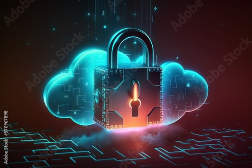 Cloud Security concept: Padlock with the keyhole in the cloud with colorful neon highlights. AI