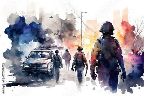 Watercolor riots on the street, uproar, city rampage, urban civil unrest disturbance concept illustration, genereative ai