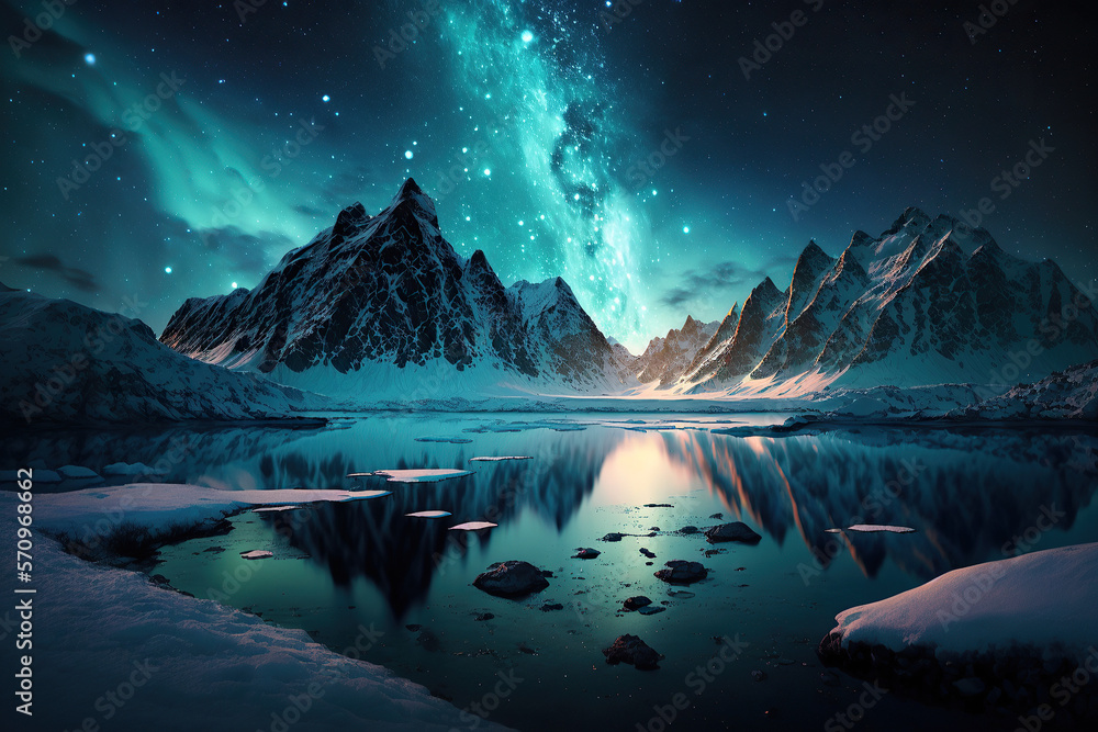 View of a lake under a magnificent night sky, in a snowy mountainous landscape accompanied by an aurora borealis