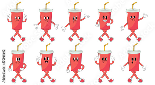 A Set of soda drinks cartoon groovy stickers with funny comic characters, gloved hands. Modern illustration with legs and arms.