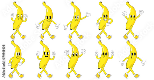 A Set of banana cartoon groovy stickers with funny comic characters, gloved hands. Modern illustration with legs and arms.