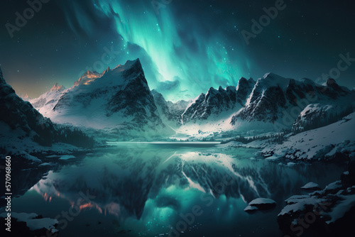 View of a lake under a magnificent night sky, in a snowy mountainous landscape accompanied by an aurora borealis © Jakob
