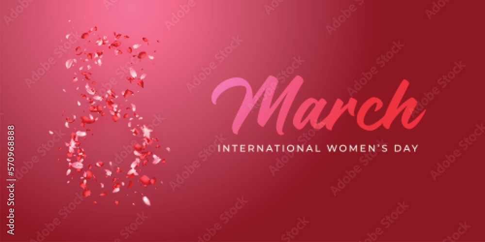 card or banner for international women's day on March 8 in gradient pink on a pink background also in gradient and the number 8 made up of light and dark pink petals