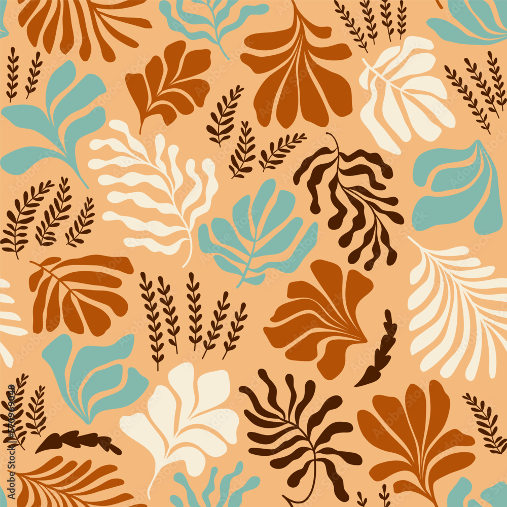 Abstract background with leaves and flowers, Matisse style. Vector seamless pattern with Scandinavian cut out elements. Abstract background with leaves and flowers, Matisse style. Vector seamless pattern with Scandinavian cut out elements.