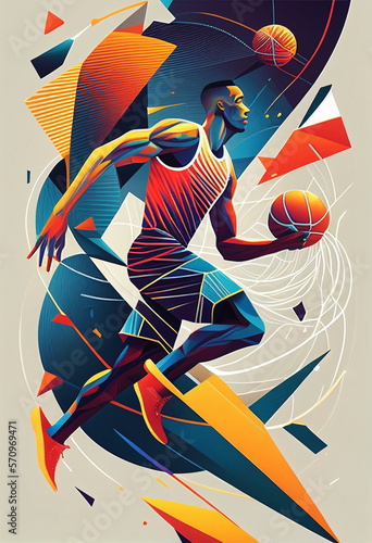 Abstract illustration of basketball player with ball | Multi color geometric abstract shape sport player