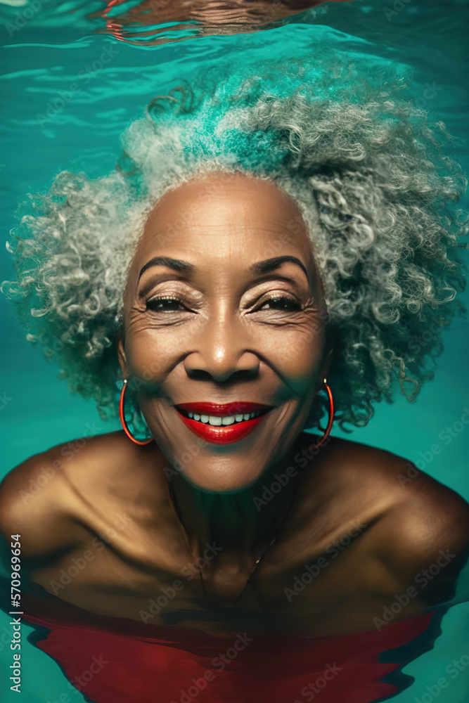 Beautiful older black African American woman in swim suit in pool ...