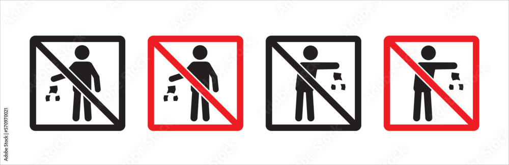 Do not litter sign set. Do not littering icon. Littering forbidden signs. Square shape signage. Vector stock illustration. Do not litter sign set. Do not littering icon. Littering forbidden signs. Square shape signage. Vector stock illustration.