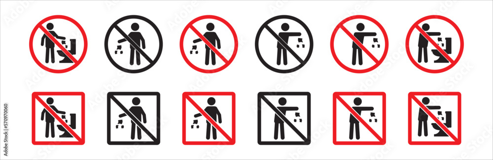 Do not litter sign set. Do not littering icon. Littering forbidden signs. Round and square shape signage. Vector stock illustration. Do not litter sign set. Do not littering icon. Littering forbidden signs. Round and square shape signage. Vector stock illustration.