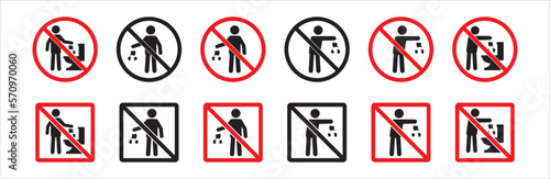 Do not litter sign set. Do not littering icon. Littering forbidden signs. Round and square shape signage. Vector stock illustration.
