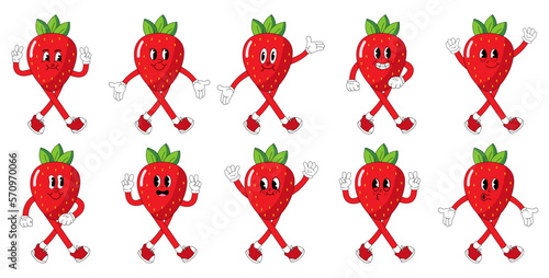 A Set of strawberry cartoon groovy stickers with funny comic characters, gloved hands. Modern illustration with legs and arms.