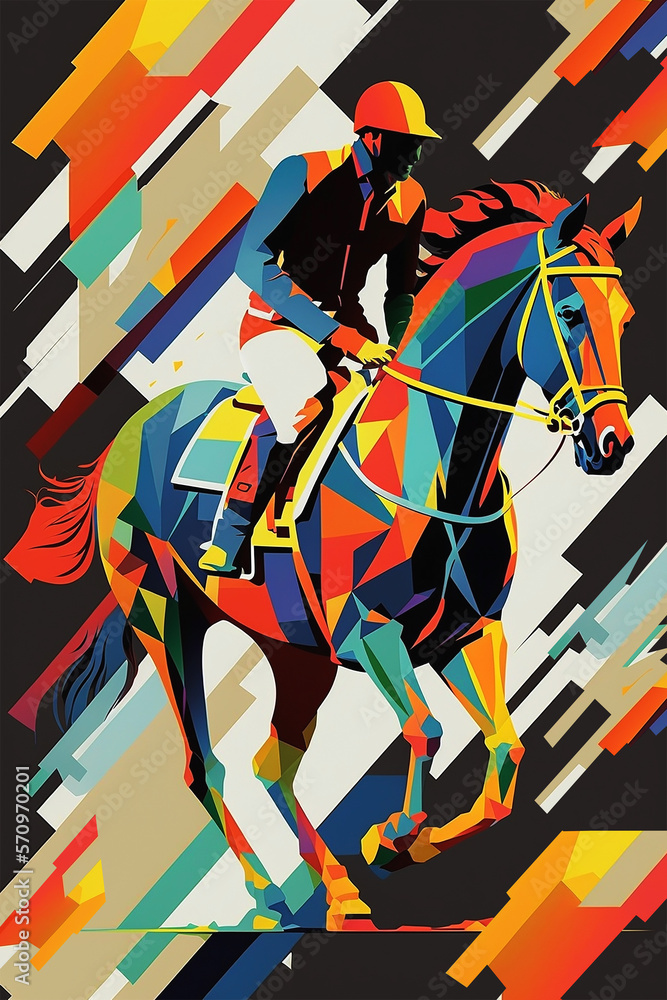 Abstract illustration of a jockey rider | Multi color geometric abstract shape horse riding sport Abstract illustration of a jockey rider | Multi color geometric abstract shape horse riding sport