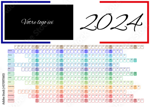 Calendrier 2024 12 mois français avec jours fériés et drapeau français pour entreprise française, coloré et original, avec calque pour zone logo