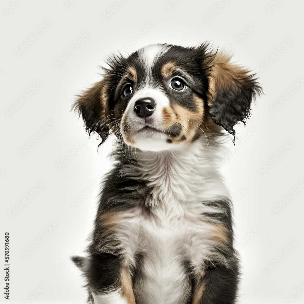 Cute puppy black white and brown and fluffy in front of white background. AI Generated Art.