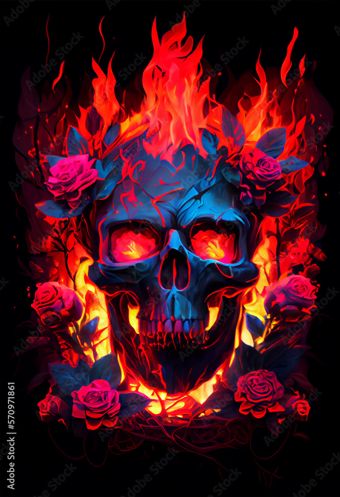 De la Muerte colourfull Skull in flames mexican style. AI Generated Art. De la Muerte colourfull Skull in flames mexican style. AI Generated Art.