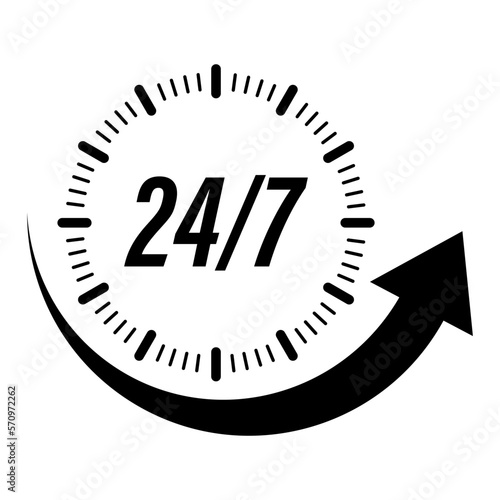 24/7 icon. 24 hours 7 days in week service. Always open icon. Vector illustration