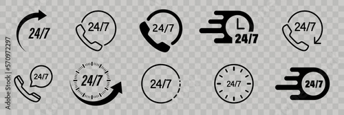 24/7 set icons. 24 hours 7 days in week service. Always open icon. Vector illustration photo