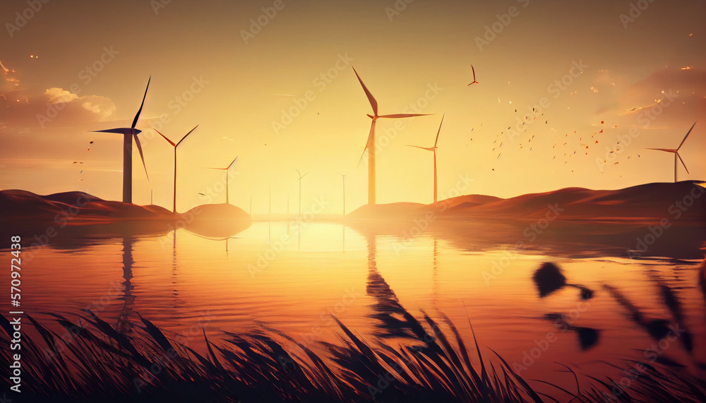 Obraz premium Renewable energy wind turbines golden hour, romantic glowing sunset