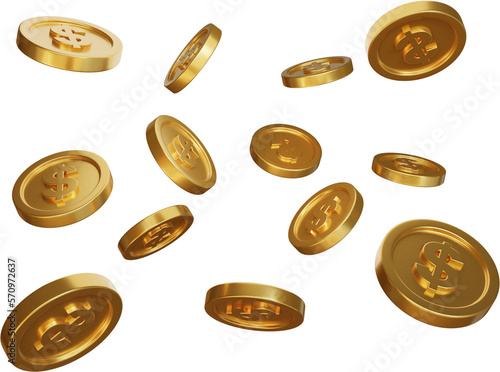 Golden falling dollar coins 3d render illustration