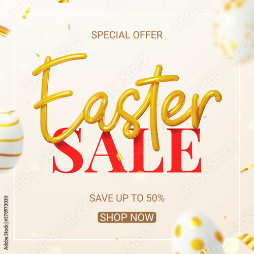 Vector card for Easter sale. Vector holiday illustration with realistic golden 3d lettering, confetti and eggs with golden patterns. Realistic 3d symbols of Easter. Ad design for posters, banners.