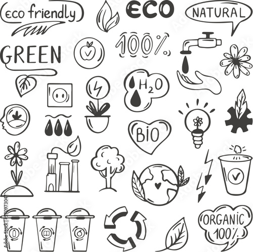 Eco doodle set. Ecology energy and electricity doodles. Environmental saving sketch elements. Green and recycle, neoteric bio nature vector hand drawn clipart