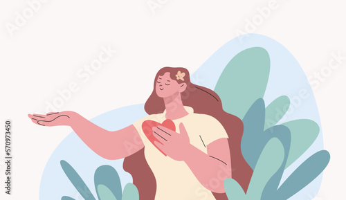In harmony with nature. Spiritual care and self love concept. Young girl in green plants hold heart. Health and meditate, peaceful kicky vector scene