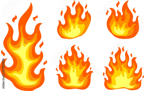 Fire flames cartoon elements. Flames design icons, burning lights vector isolated collection. Warm or hot symbols