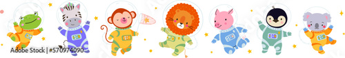 Isolated cartoon space animals. Cute leo, koala, penguin and zebra astronauts. Monkey and frog wear cosmonaut suit and spacesuit, vector characters