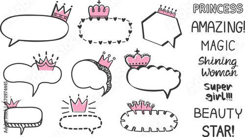Speech bubbles and lettering motivational. Woman, girl positive stickers with doodle crowns. Cards and stories design vector elements