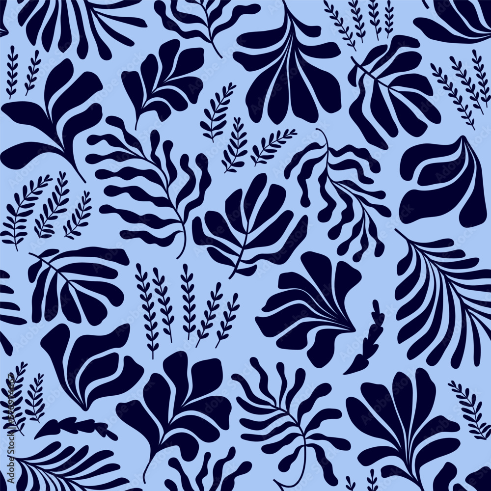 Abstract background with leaves and flowers, Matisse style. Vector seamless pattern with Scandinavian cut out elements. Abstract background with leaves and flowers, Matisse style. Vector seamless pattern with Scandinavian cut out elements.