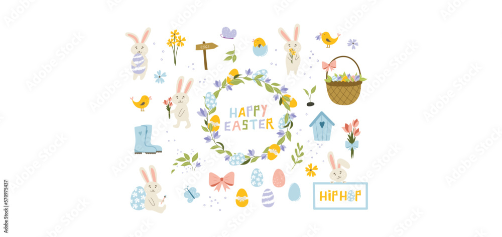 Easter Illustrations Vector Set, Cute Easter Bundle