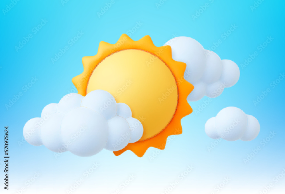 Sun in clouds, 3d sunny weather elements. White bubble cloud on sky. Summer  spring hot, seasonal vector realistic design Stock Vector