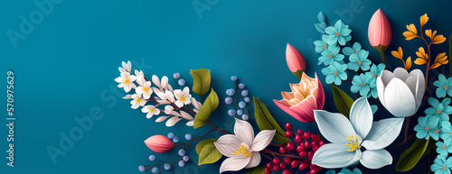 Banner Beautiful Spring flowers on blue background. Spring or summer flares. AI