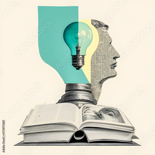 A head full of ideas, a head of light bulbs, collage art Generative AI