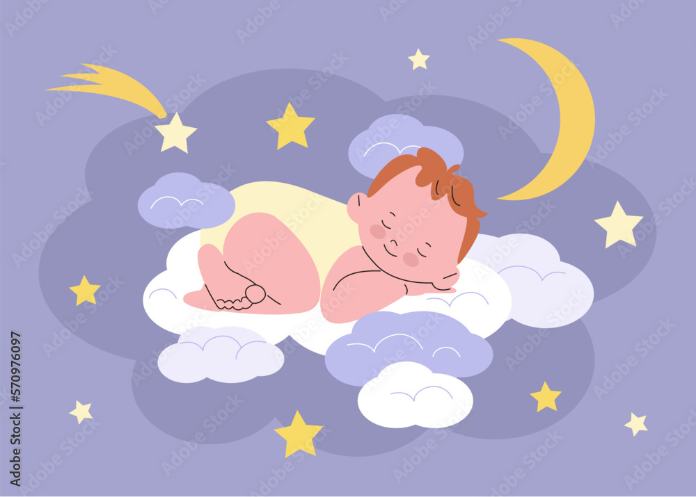 Baby sleep on cloud. Sleeping newborn toddler card design. Cartoon cute born kid dream, nursery birthday or party poster, kicky vector design Baby sleep on cloud. Sleeping newborn toddler card design. Cartoon cute born kid dream, nursery birthday or party poster, kicky vector design