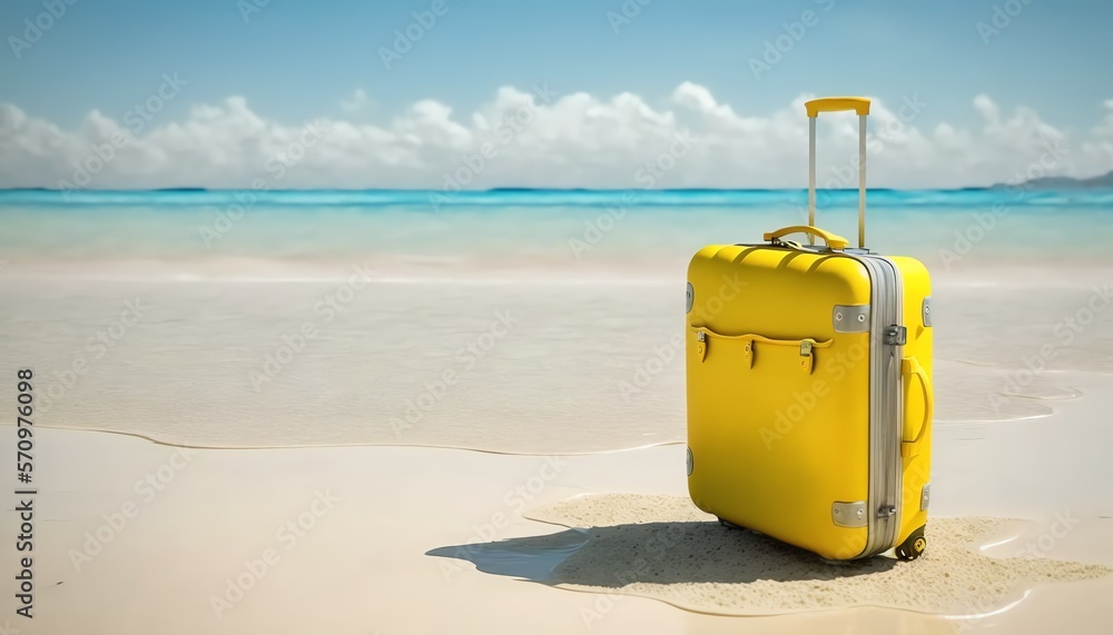 Yellow suitcase on the beach, ai generated Yellow suitcase on the beach, ai generated