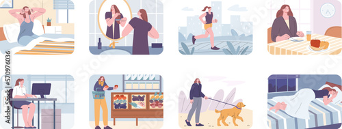 Woman daily life routine. Businesswoman wake up, eat breakfast and go to work. Day activity, outdoor walking with dog. Kicky cartoon vector scenes