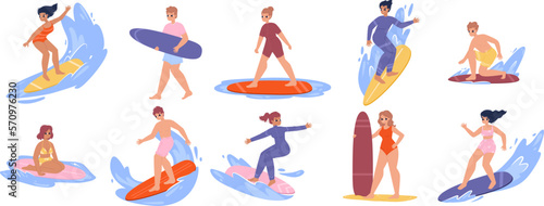 Cartoon surfers on surfboards. Surfing characters, summer teenagers active life. Young adults with surf, sea or ocean sport. Snugly vacations vector people